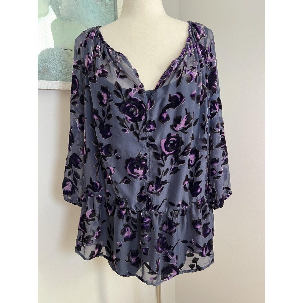 VTG Y2K Whimsigoth Faded Glory Purple Velvet Burnout Floral Peplum Blouse Top